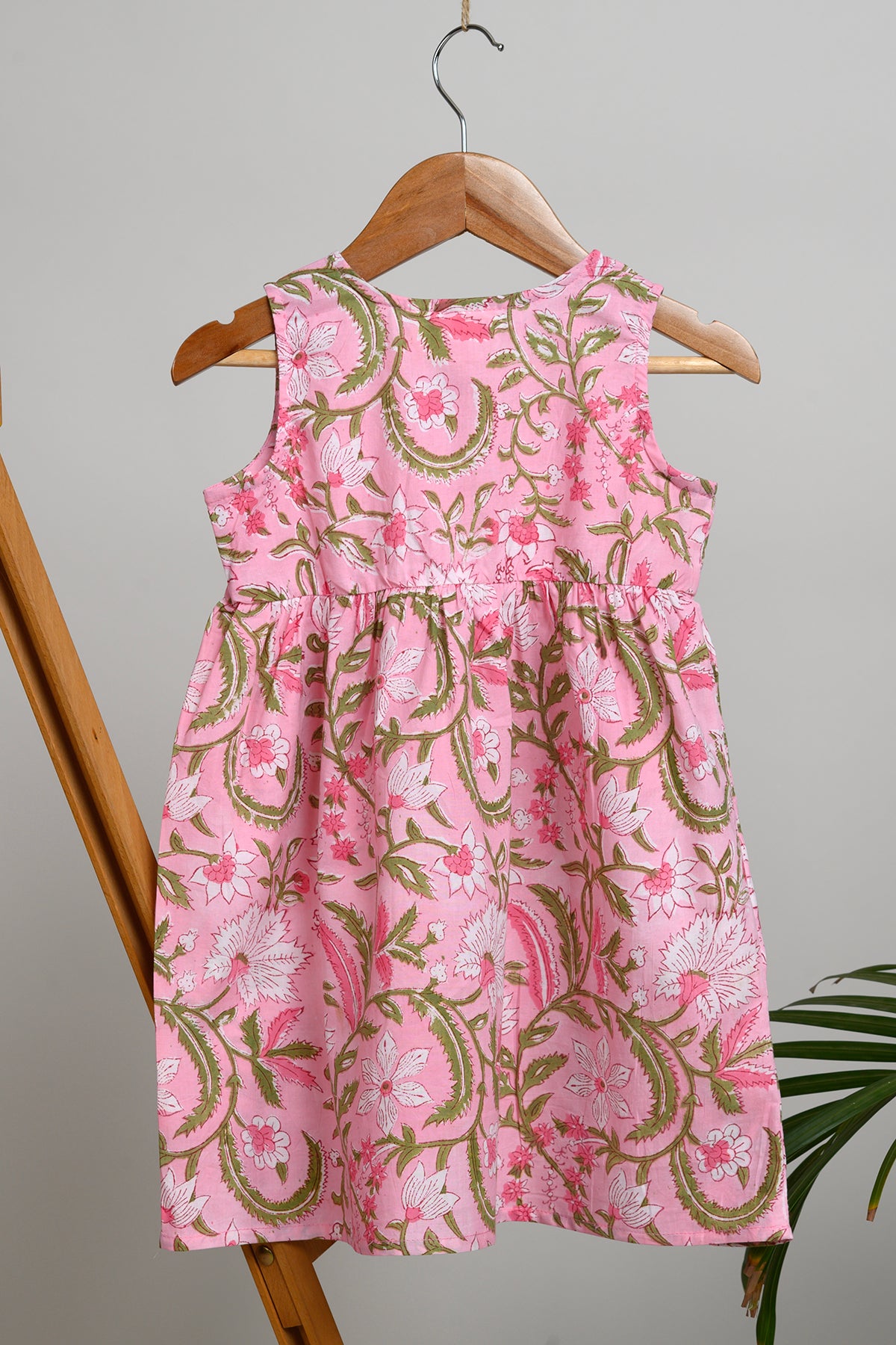 Jelly Pink Green Floral Block Print Dress for Kids