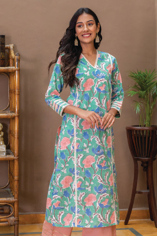 Hima Green Block Print Kurta
