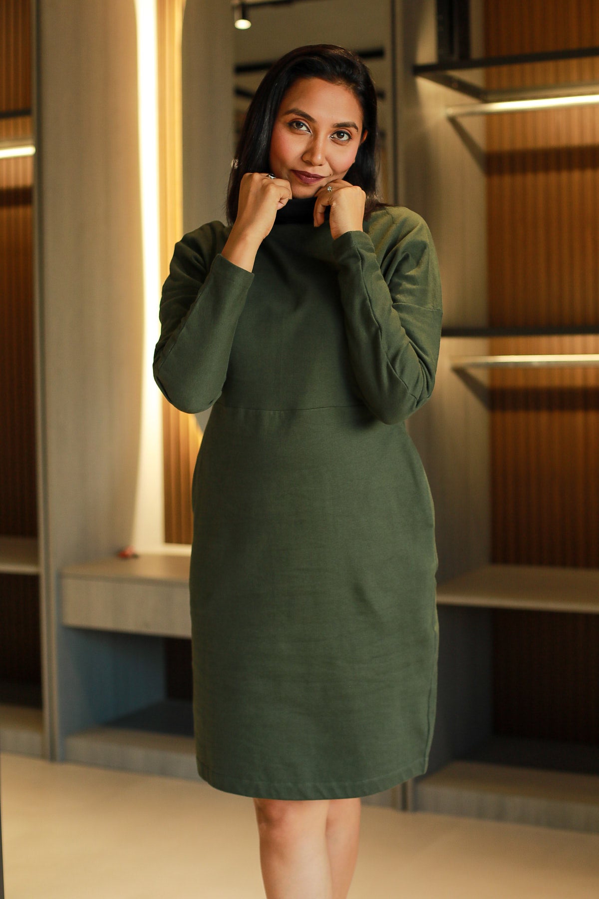 Valeria Dolman Sleeve Dress for Winter- Olive Green