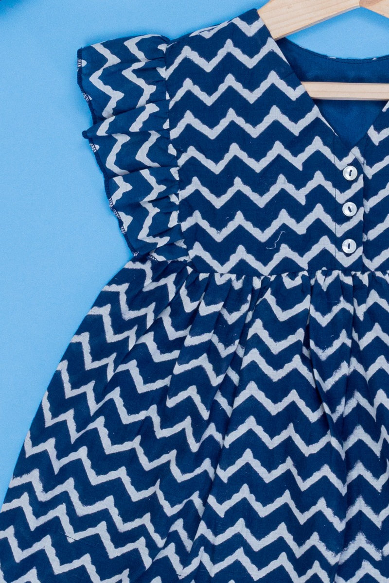 Choco Waves Block Print Ruffle Sleeve Dress for Kids