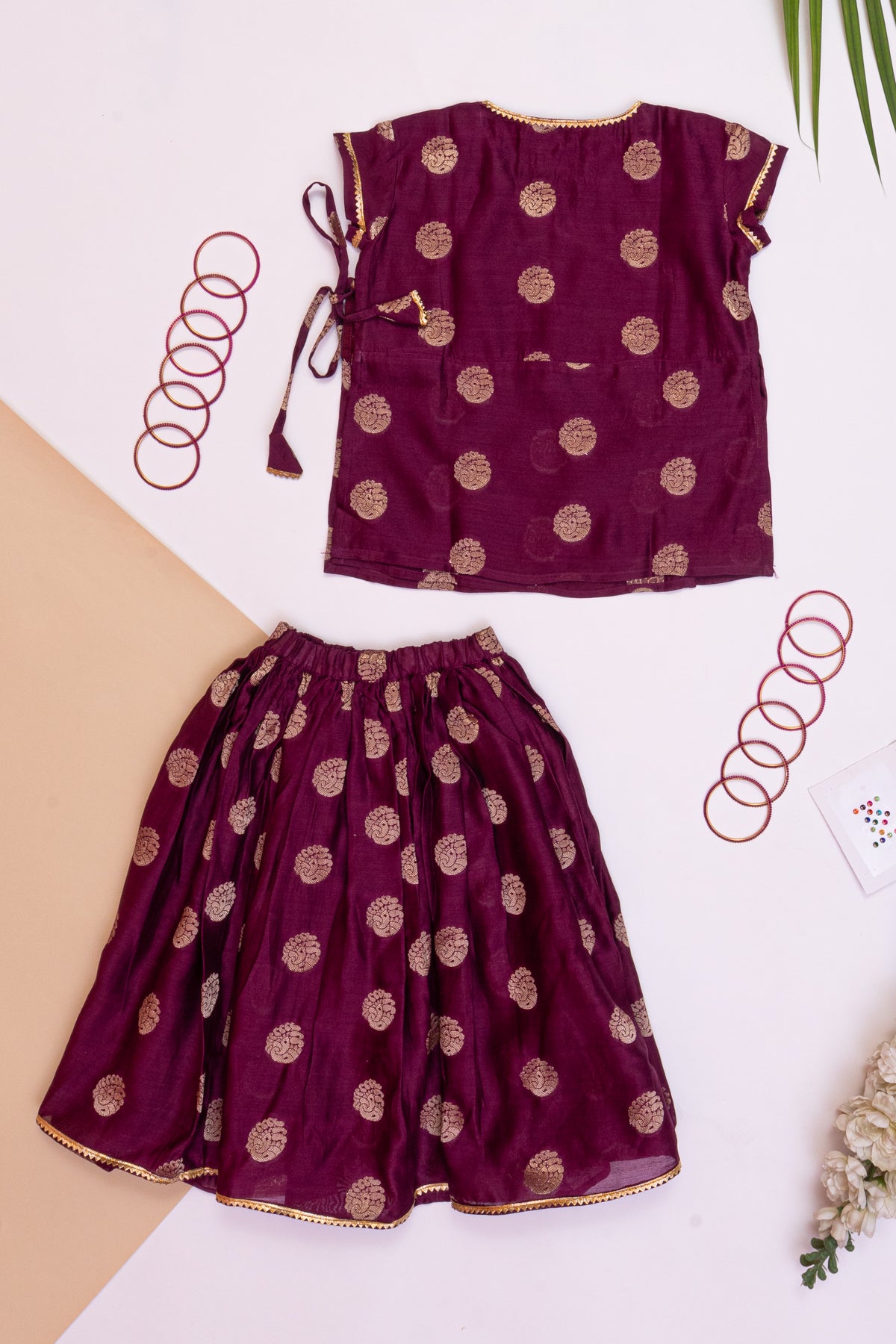 Piku Wine Chanderi Silk  Wrap Top And Skirt For Girls-Set