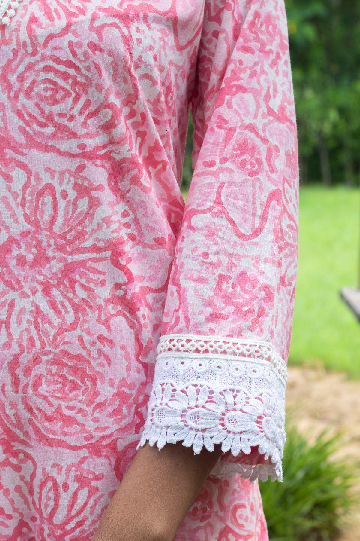 Triya Pink Block Print Lace Kurta and Pants - Set