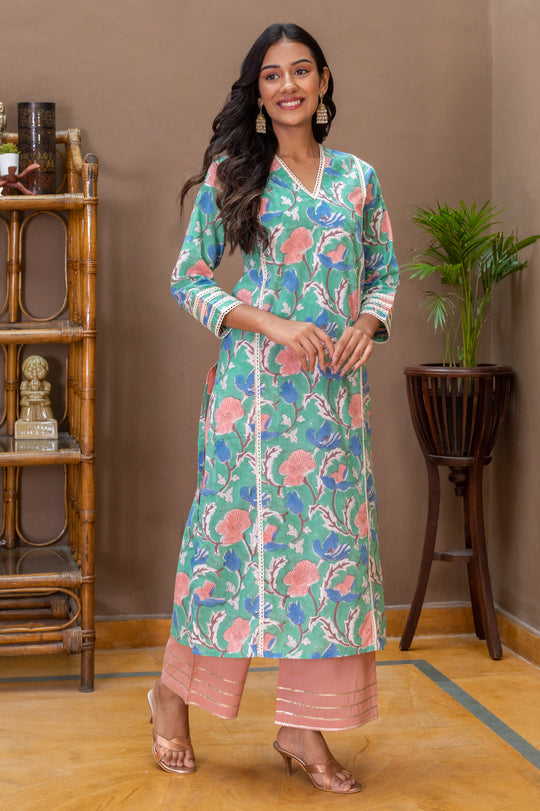 Hima Green Block Print Kurta and Blush Pants - Set