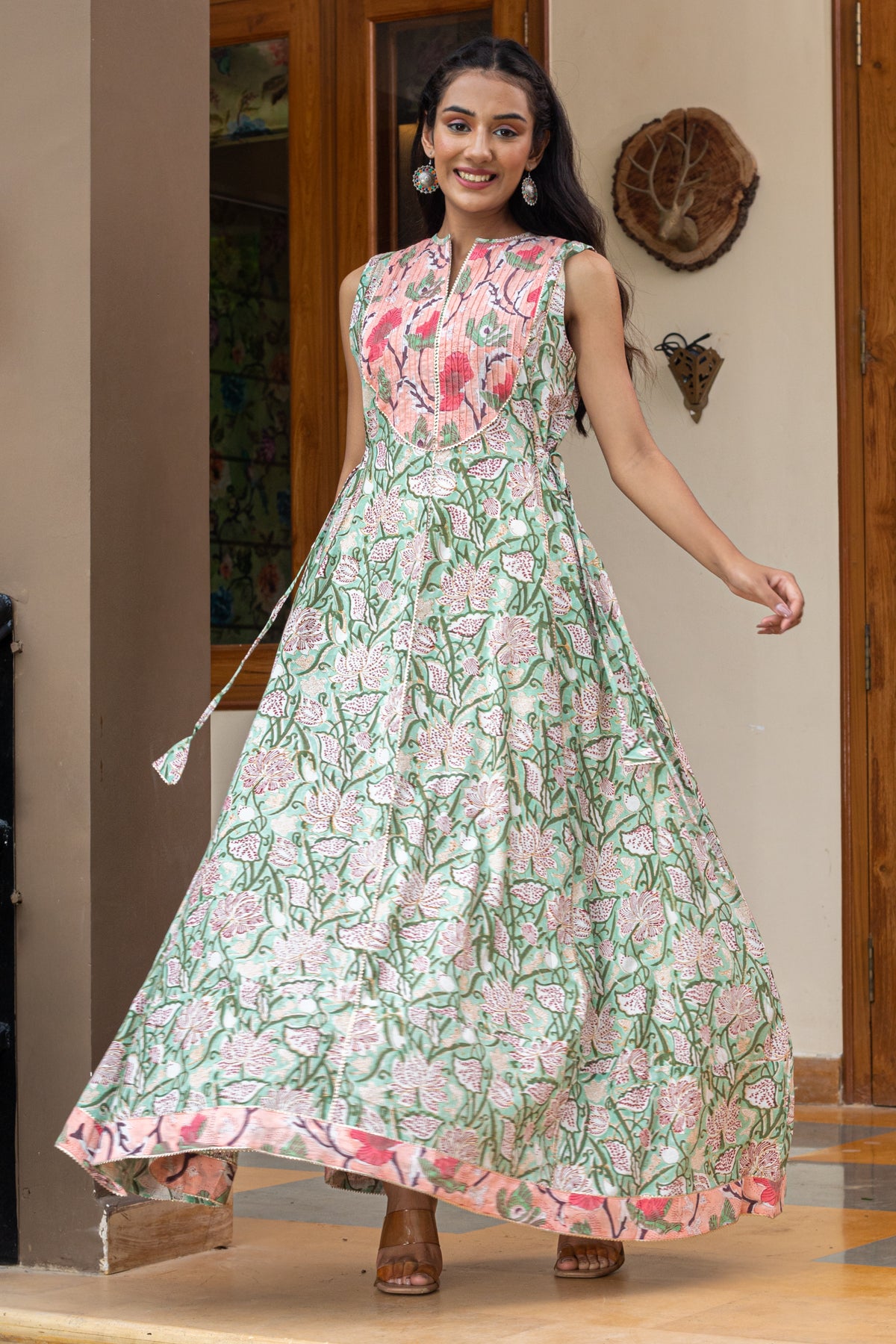 Reena Green Block Print Sleeveless Dress