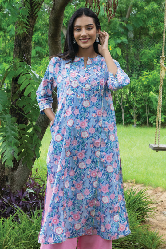 Manya Blue Block Print Kurta