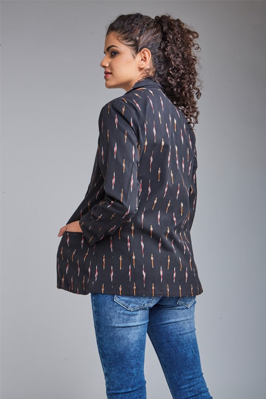 Eva Handloom Ikat Long Jacket – Black back view