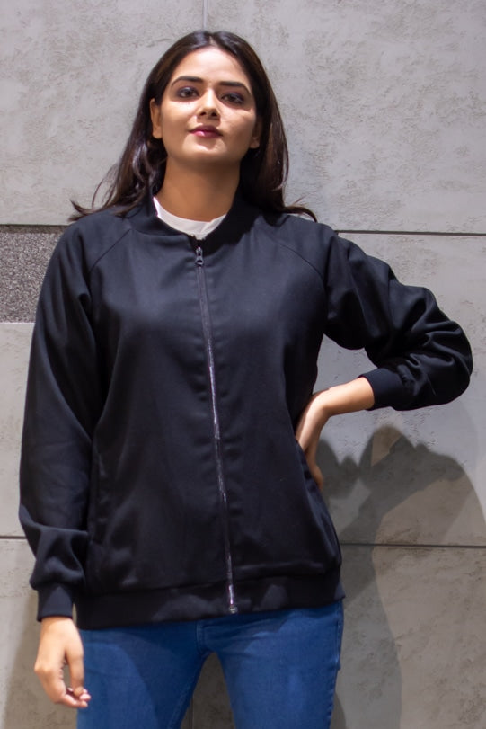 Brooke Black Twill Bomber Jacket front view-2