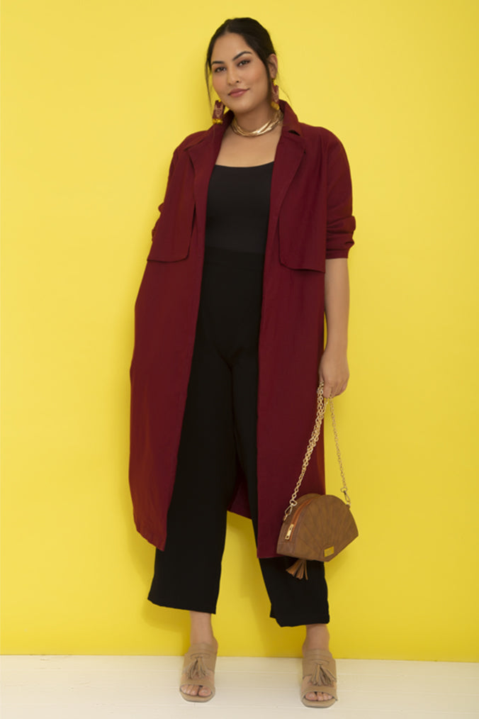 Harper Trench Style Overcoat – Maroon front view