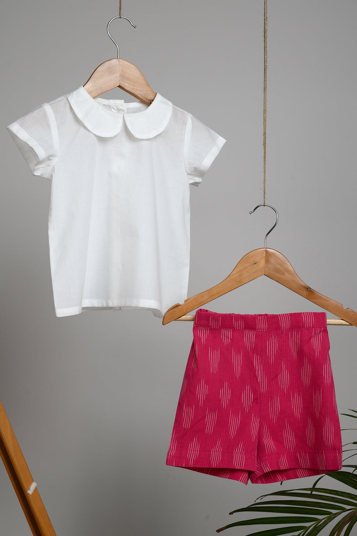 Pooh White Peter Pan Collar Top and Pink Ikat Shorts for Kids