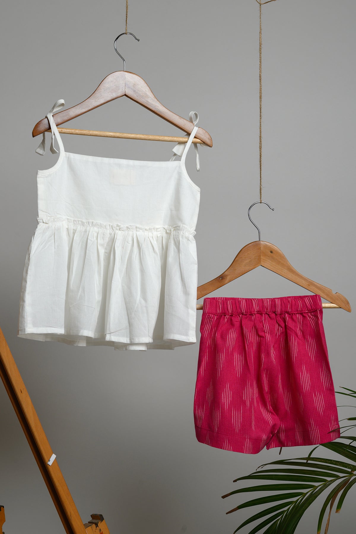 Chikki White Strap Top and Pink Ikat Shorts for Kids