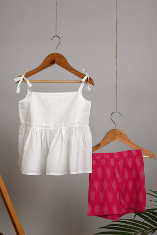 Chikki White Strap Top and Pink Ikat Shorts for Kids