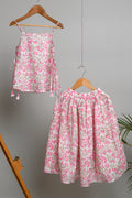 Kiki White Pink Bud Block Print Lehenga Set - Girls