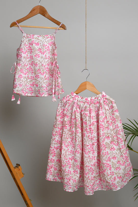 Kiki White Pink Bud Block Print Lehenga Set - Girls