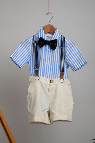 Bunny Shorts, Shirt, Bow and Suspenders Set - White/Blue