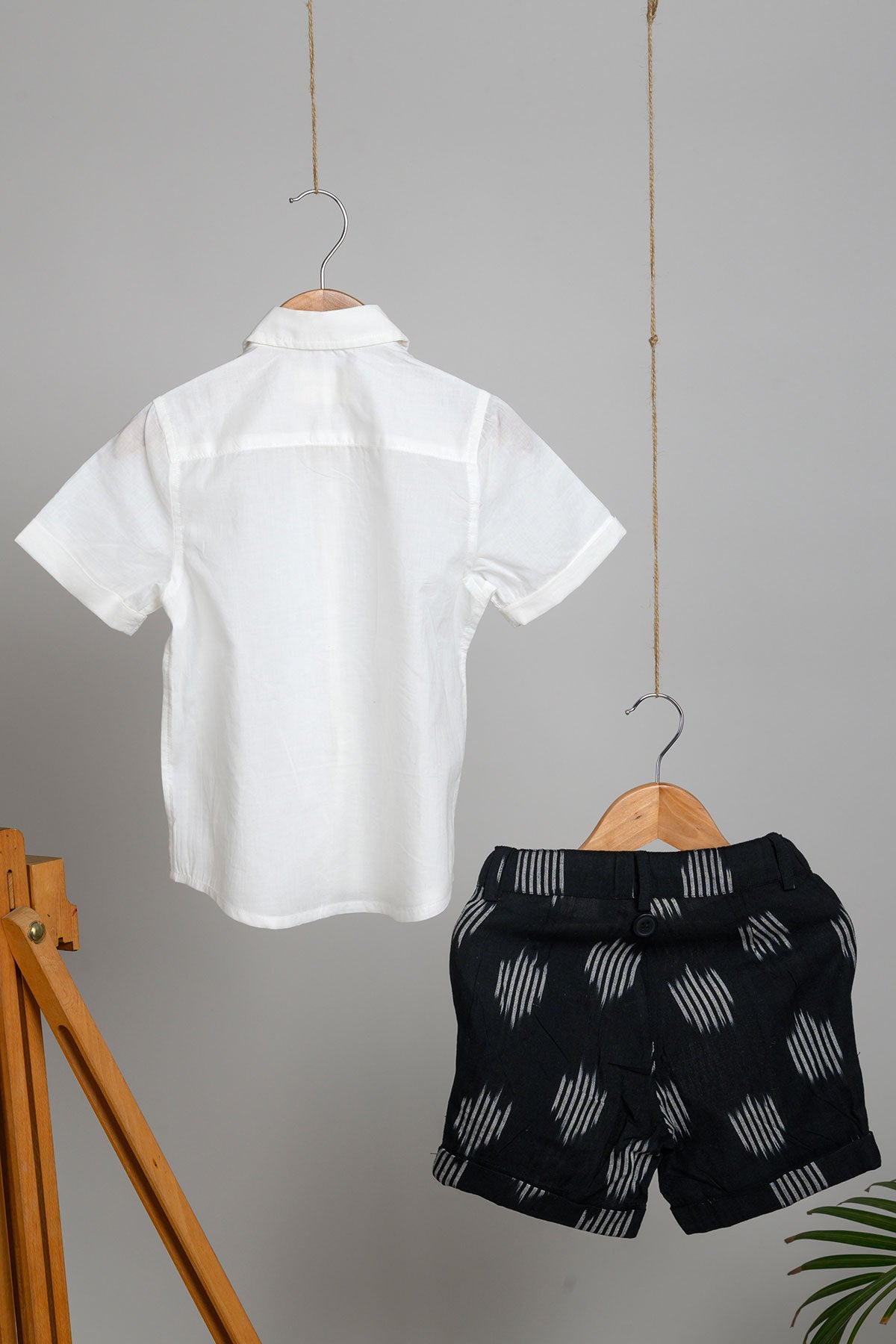 Ladla Ikat Shorts, Shirt and Suspenders Set - Black/Grey