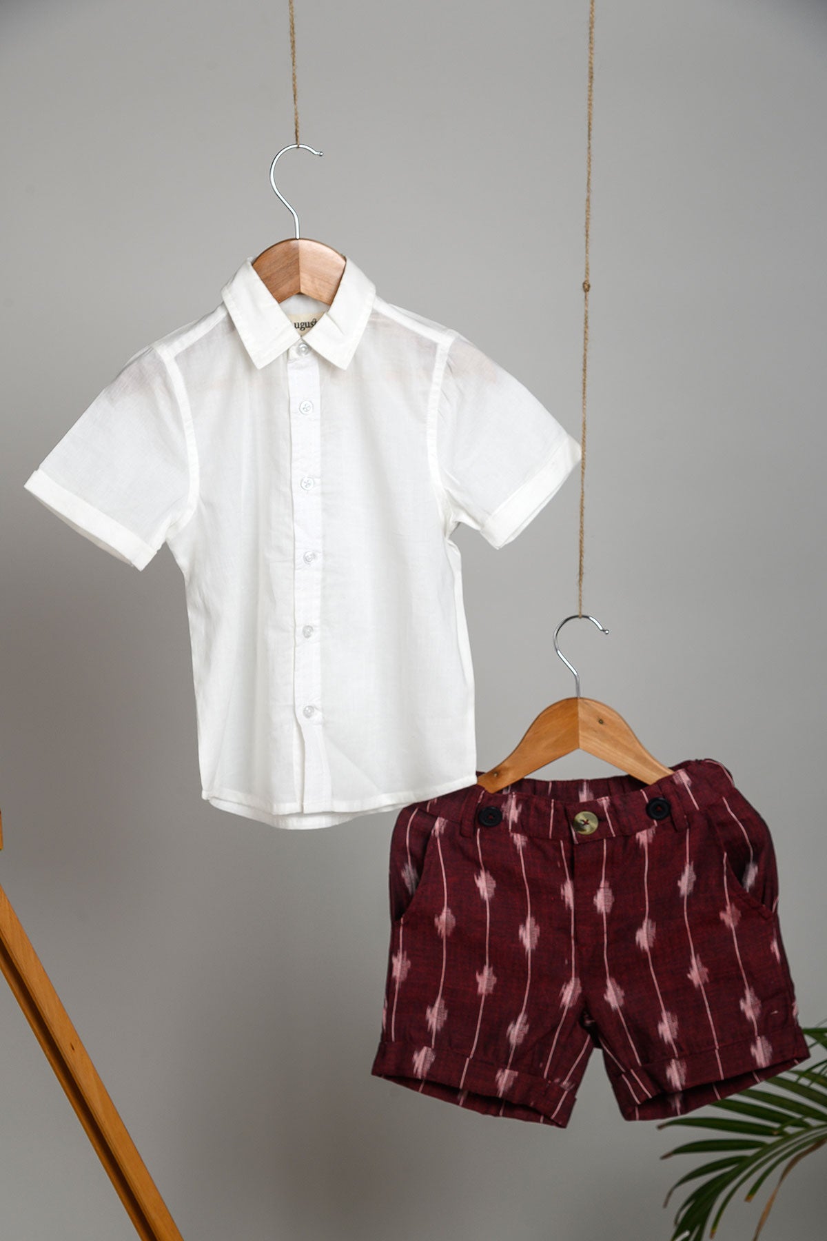 Ladla Ikat Shorts, Half Shirt and Suspenders Set - Burgundy