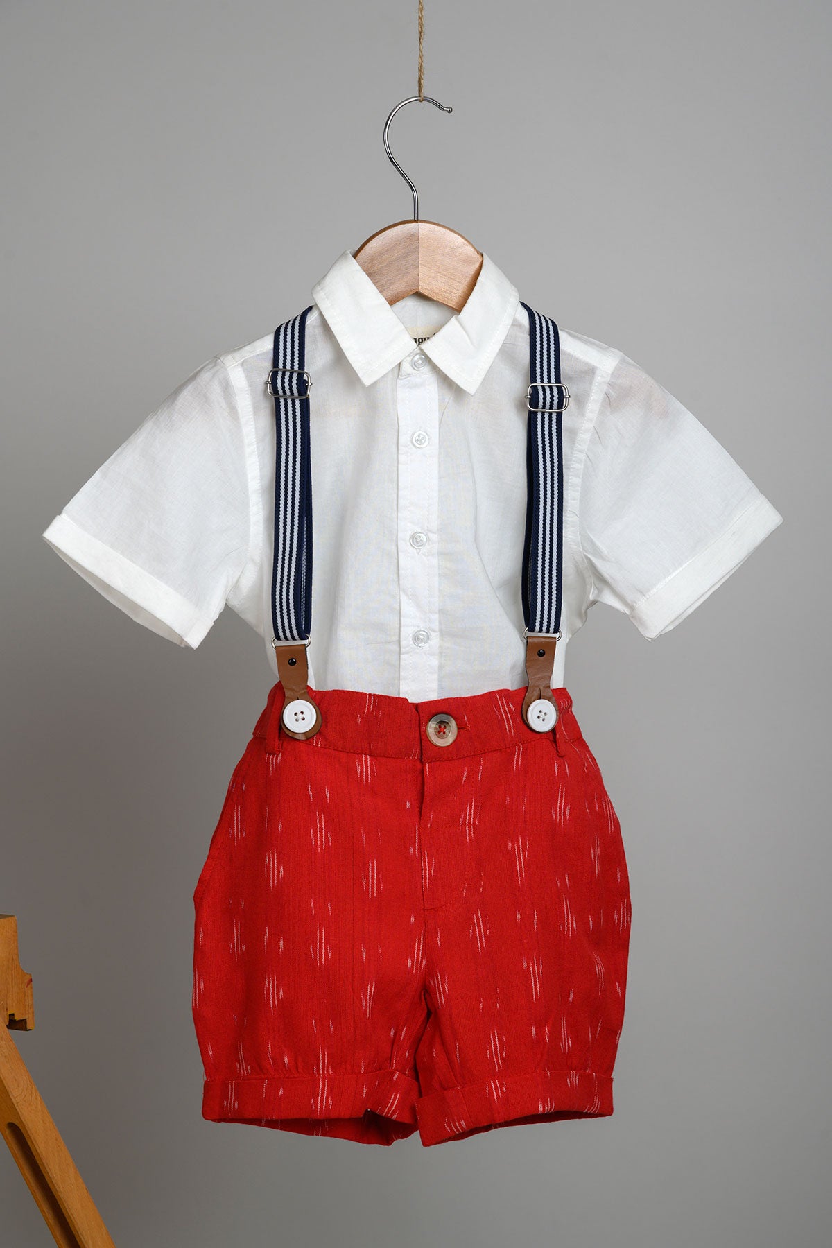 Ladla Ikat Shorts, Shirt and Suspenders Set - Red