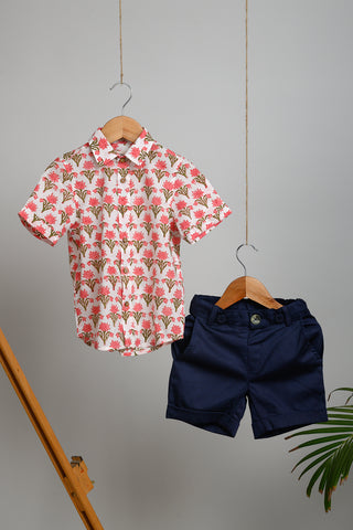 Nona Shorts and Blockprint Shirt Set - Navy
