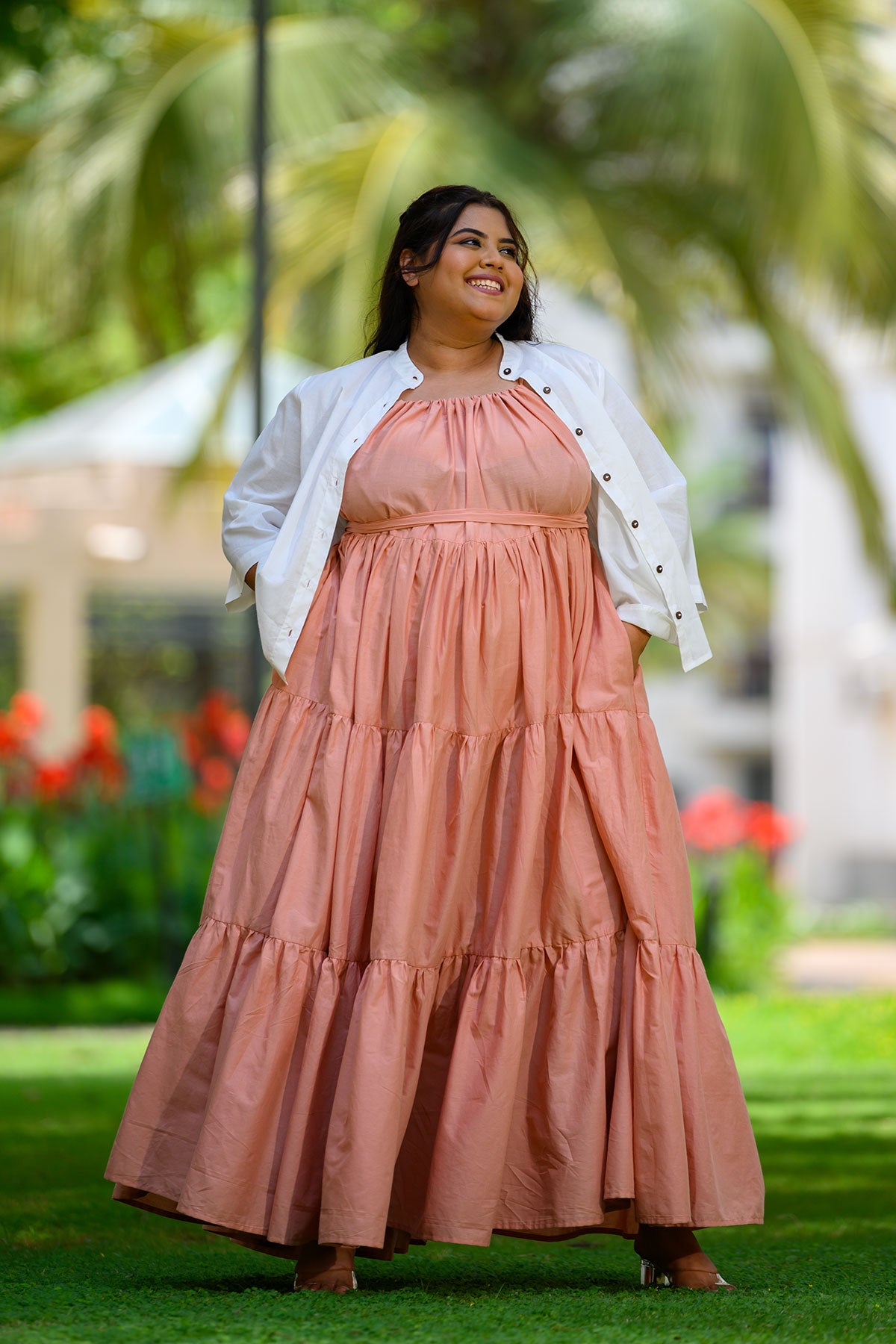 Rose tiered maxi with white cover-up shrug