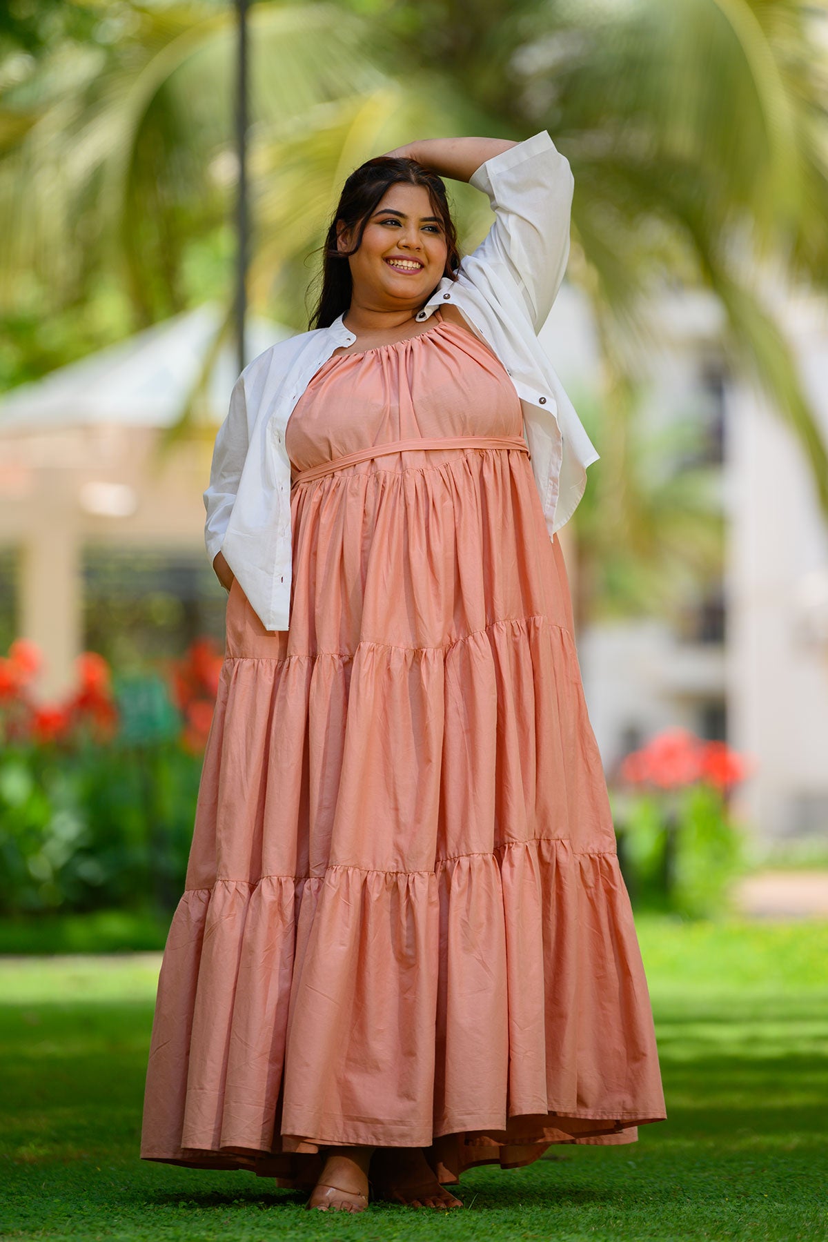 Rose tiered maxi with white cover-up shrug