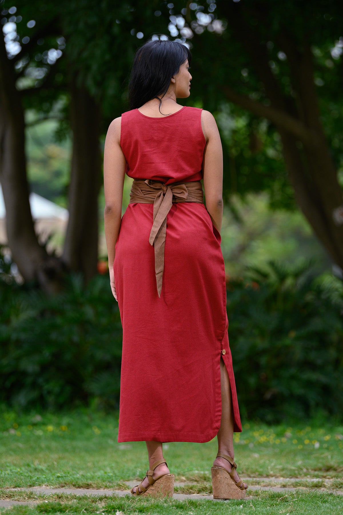Iris Dress with Obi Belt - Deep Red
