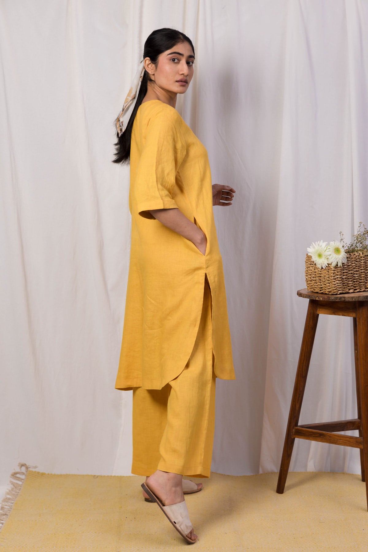 Rhea Linen Kurta and Pants Set - Yellow