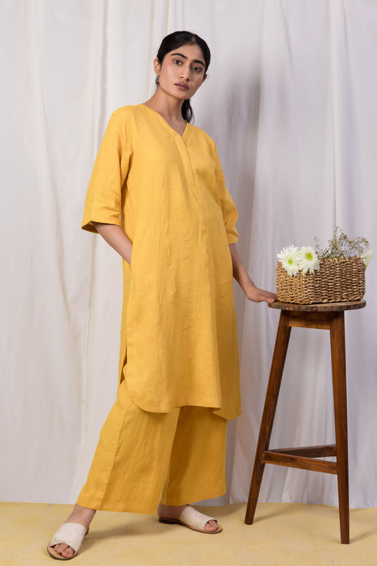 Rhea Linen Kurta and Pants Set - Yellow