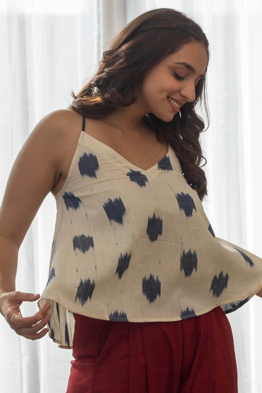 Della Handloom Ikat Spaghetti Strap Top - Ivory/Navy