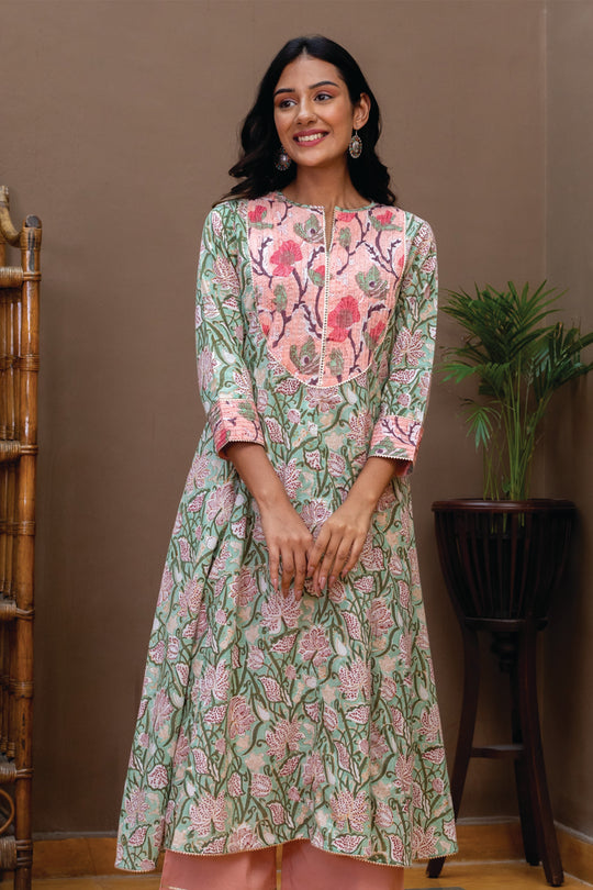 Amara Green Block Print Flared Kurta