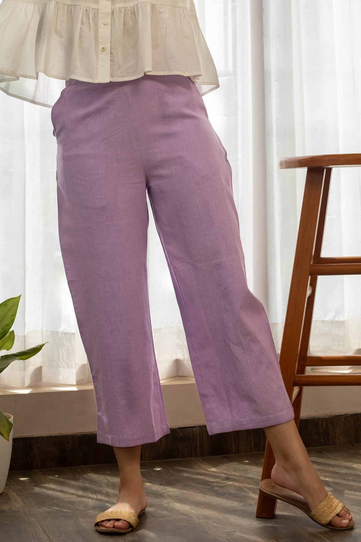Sasha Cotton Ivory Tiered Top and Lilac Straight Pants - Set