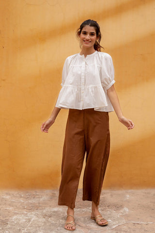 Sasha Cotton Ivory Tiered Top and Brown Straight Pants - Set