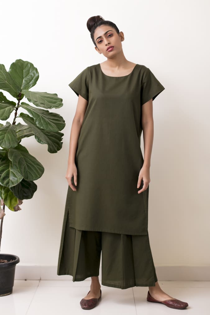 Zarna Cotton Linen Kurta - Deep Green