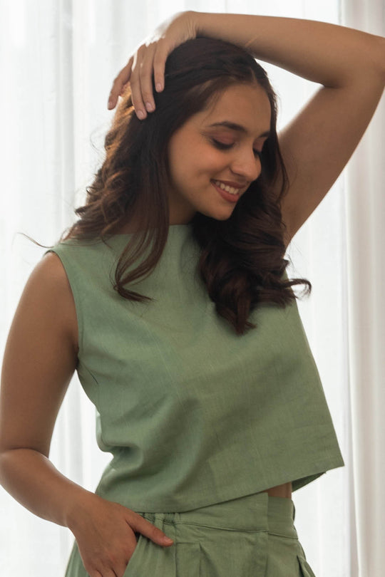 Ameya Sage Green Cotton Crop Top