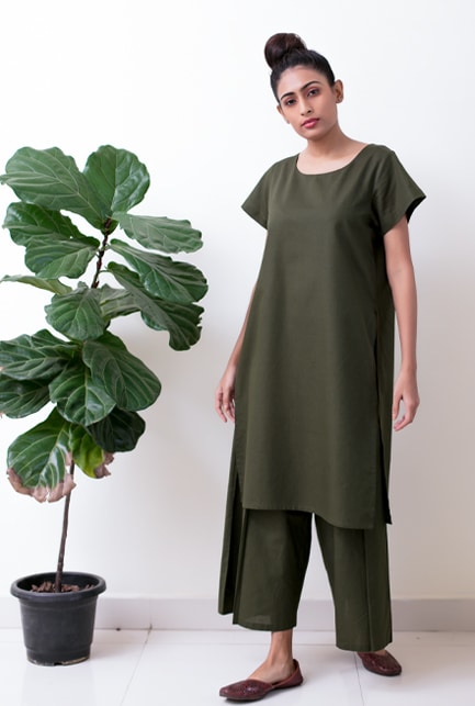 Zarna Cotton Linen Kurta - Deep Green