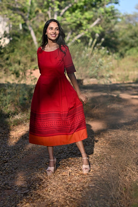Celine Red Wide Neck Pleated Dress
