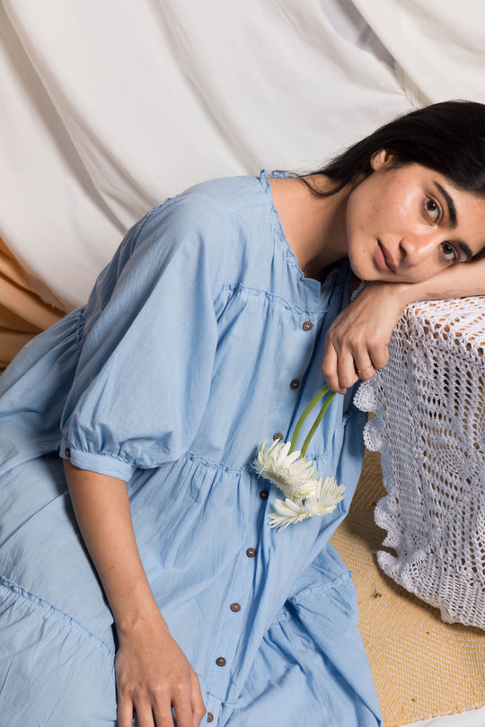 Coco Peasant Shirt Dress - Blue