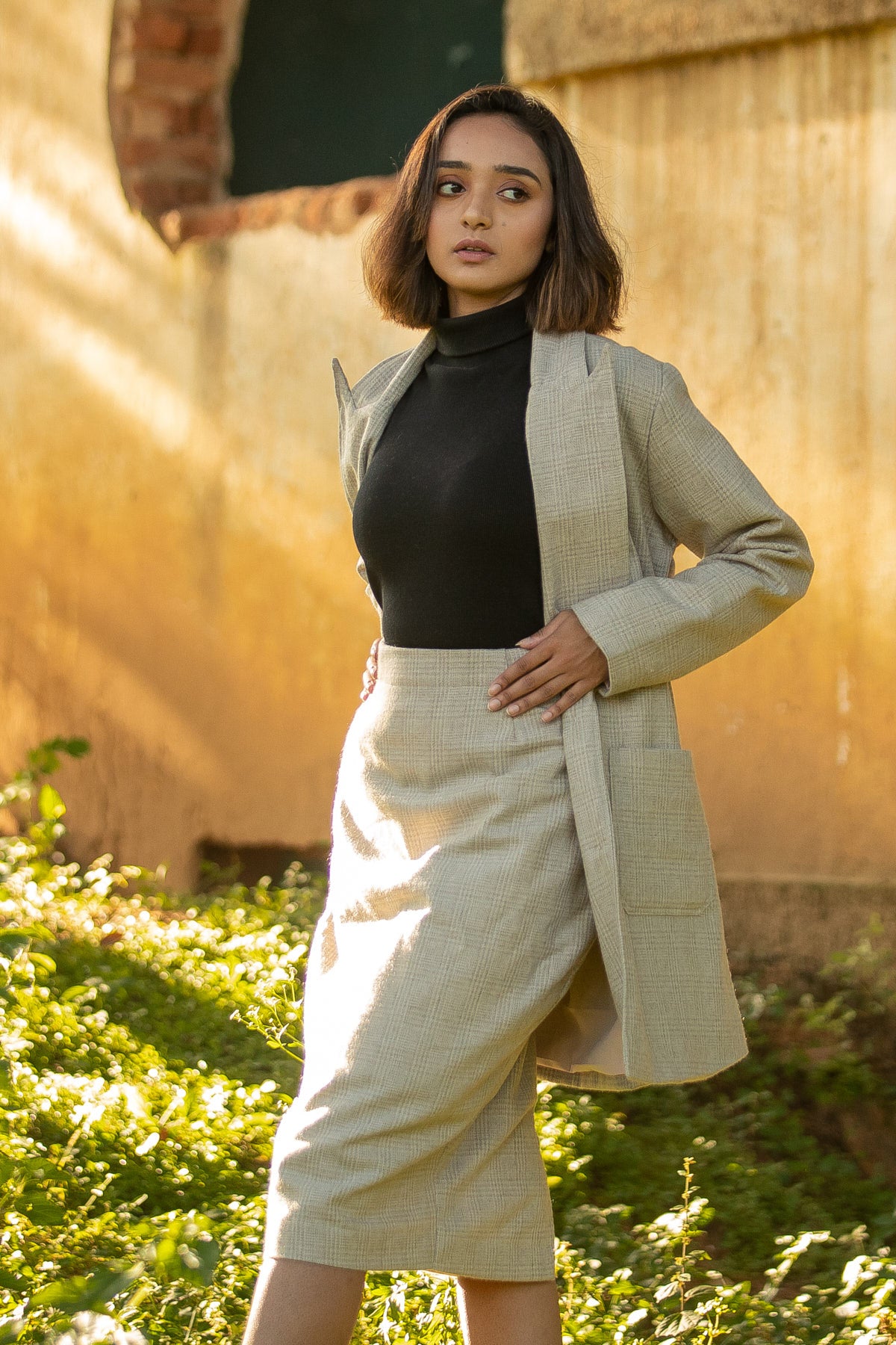 Marina Beige Wool Skirt and Peak Lapel Overcoat