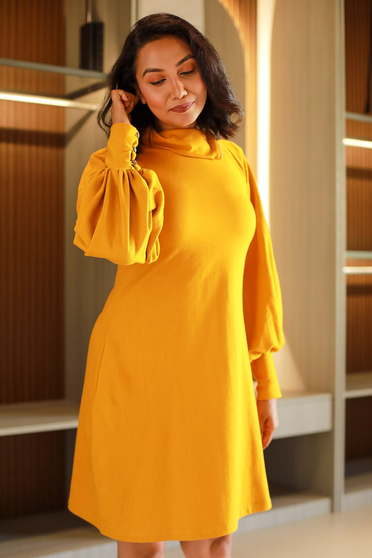 Sabrina Balloon Sleeve Shift Dress - Mustard