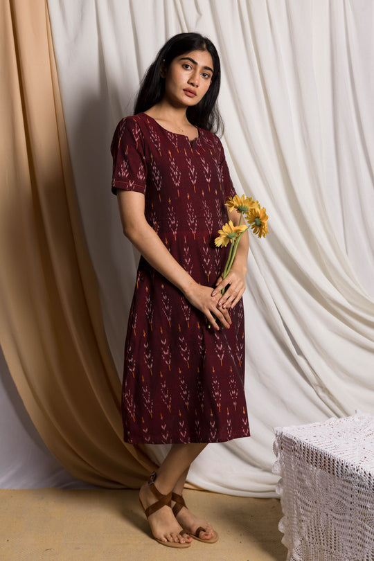 Giana Handloom Ikat Shift Dress - Maroon