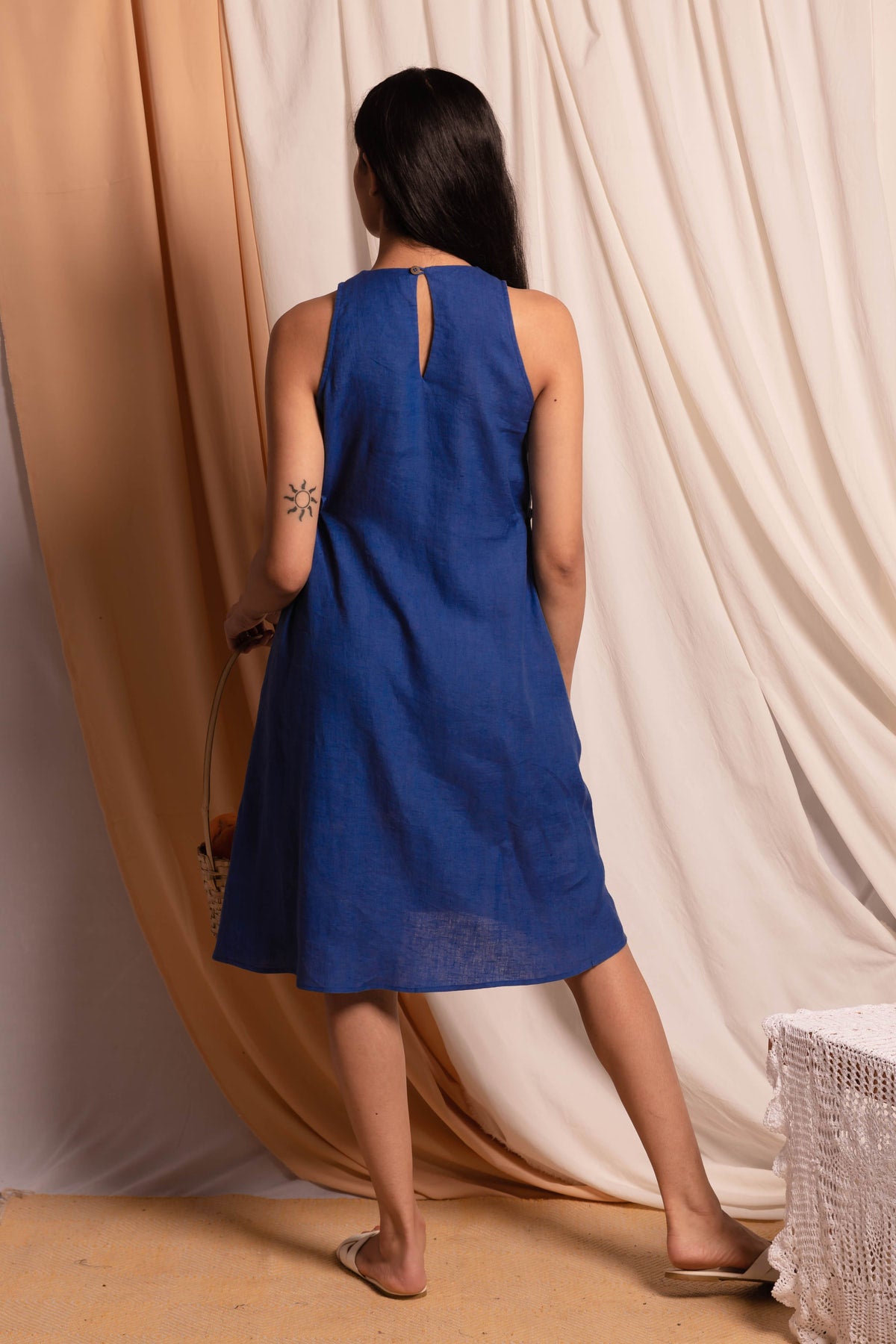 Chloe Drawstring Waisted Linen Dress - Blue