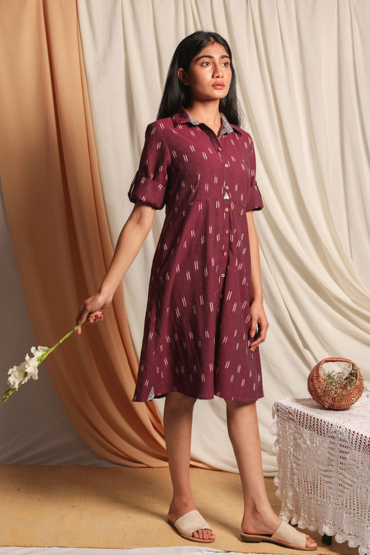 Irin Maroon Handloom Ikat Shirt Dress