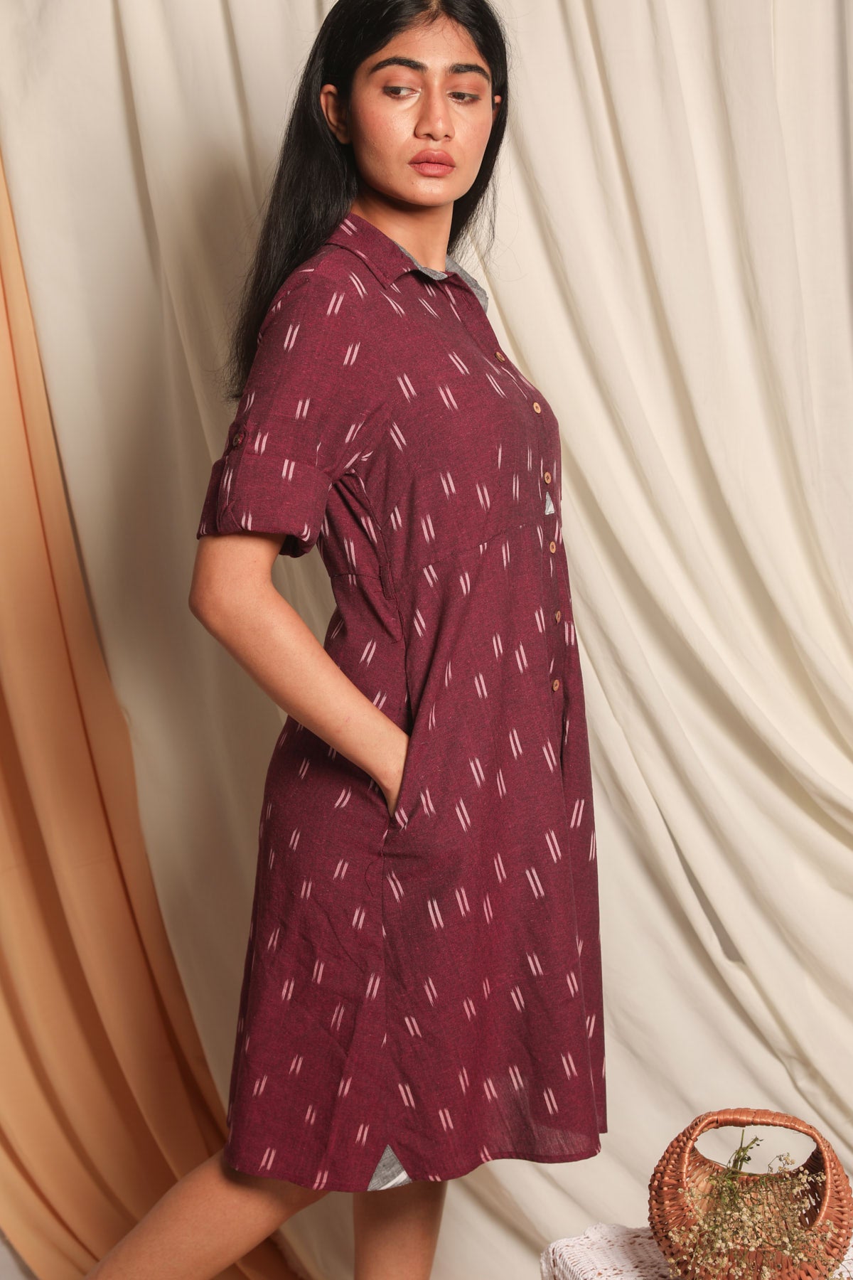Irin Maroon Handloom Ikat Shirt Dress