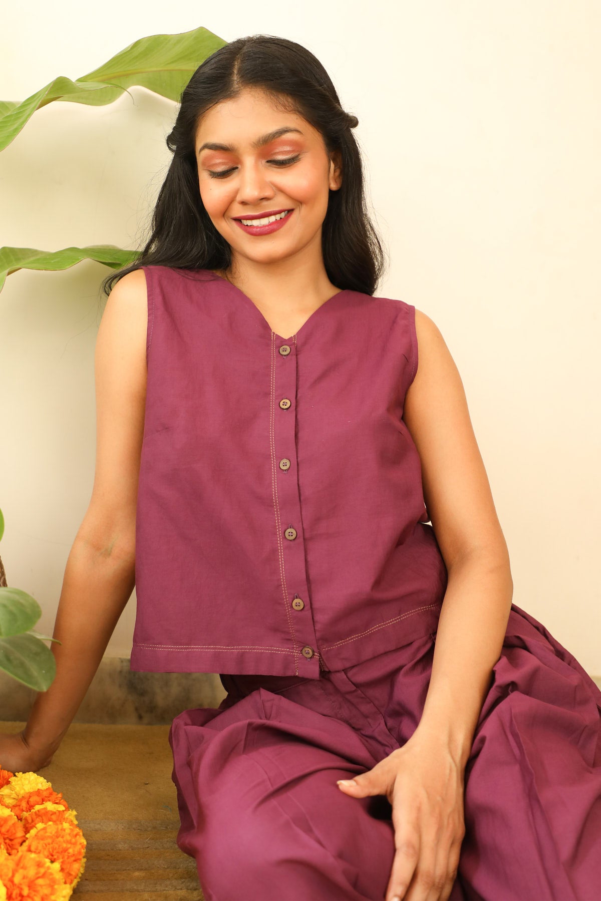 Avni Wine Crop Top and Pleated Pants - Set