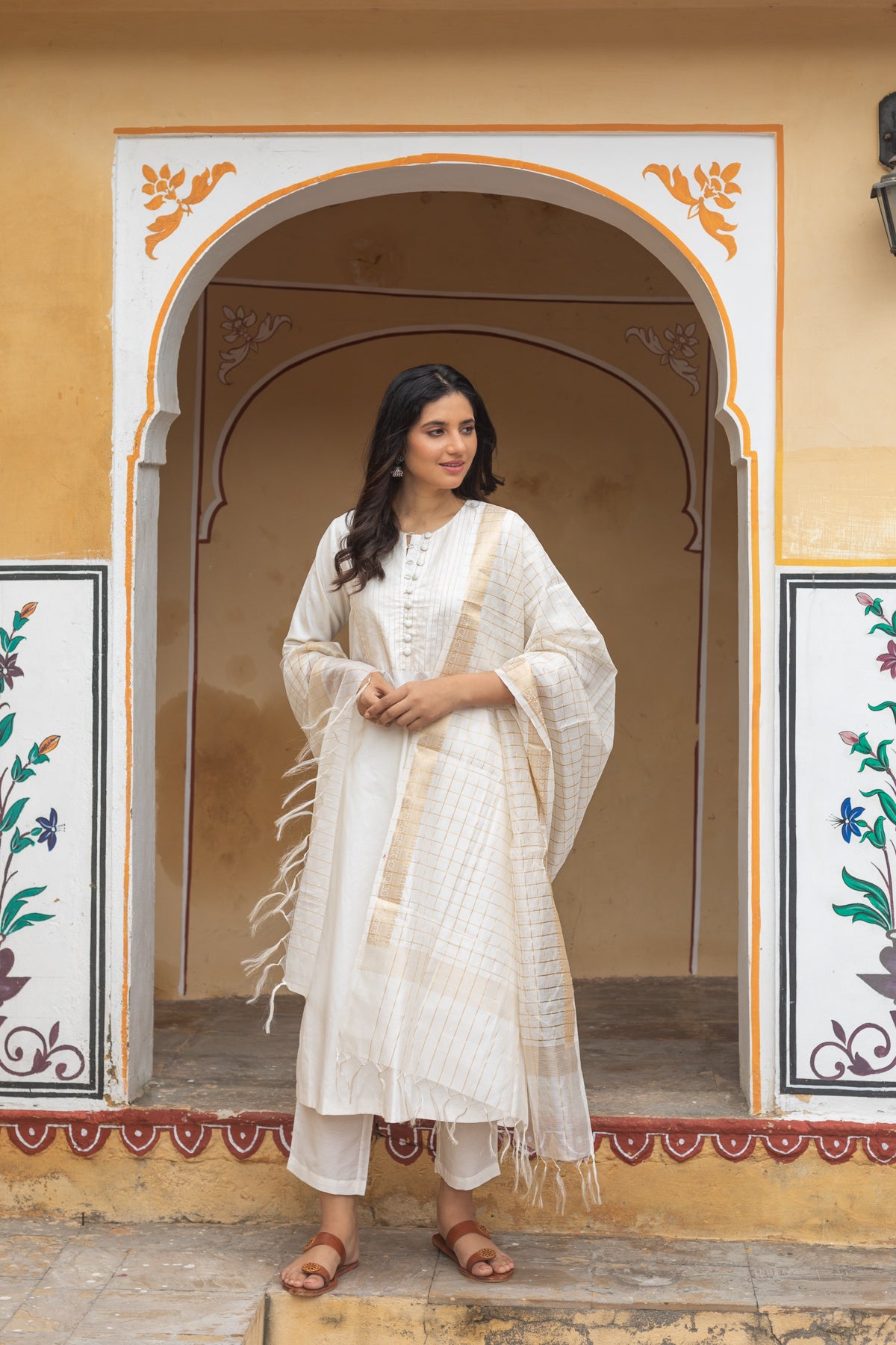 Malli Ivory Cotton Silk Pintuck Kurta, Pants and Dupatta - Set