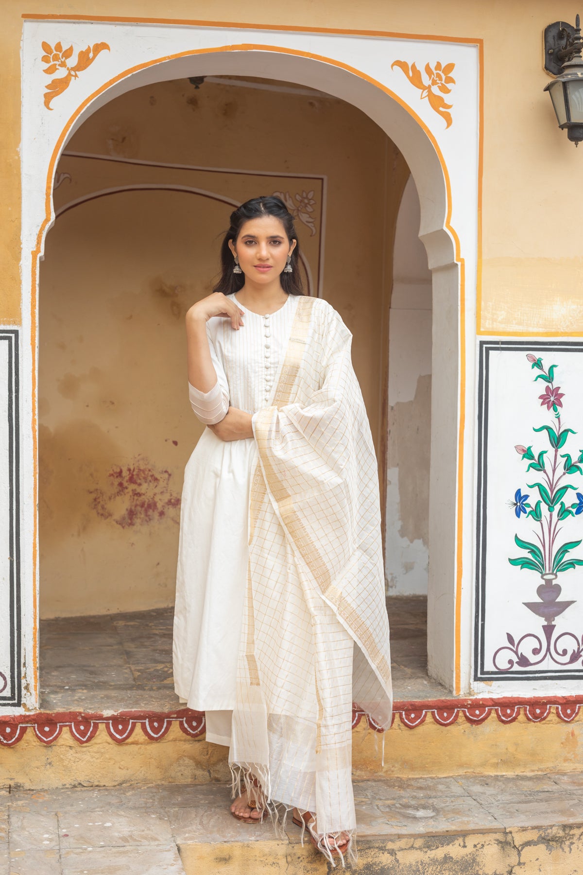 Malli Ivory Cotton Silk Pintuck Kurta, Pants and Dupatta - Set
