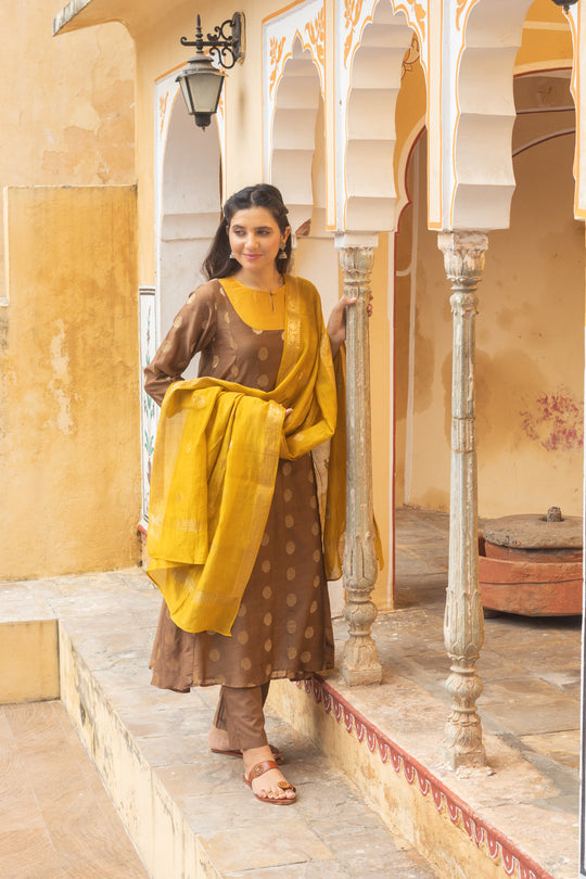 Kanika Brown Jacquard Flared Kurta, Pants and Dupatta - Set