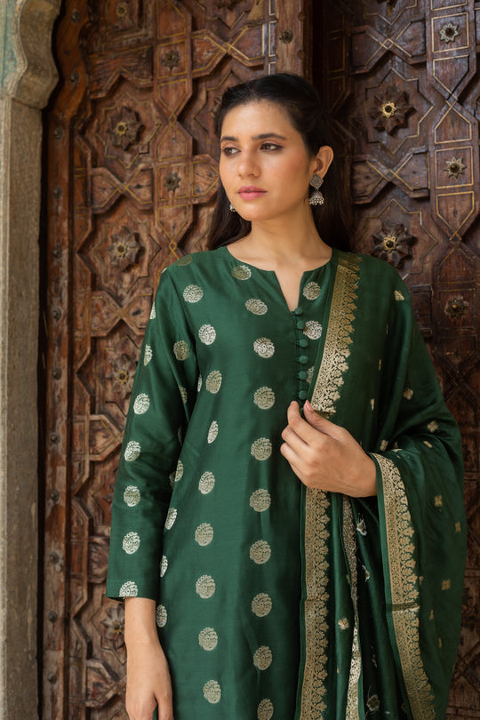 Diva Deep Green Jacquard Silk Kurta, Pants and Dupatta - Set
