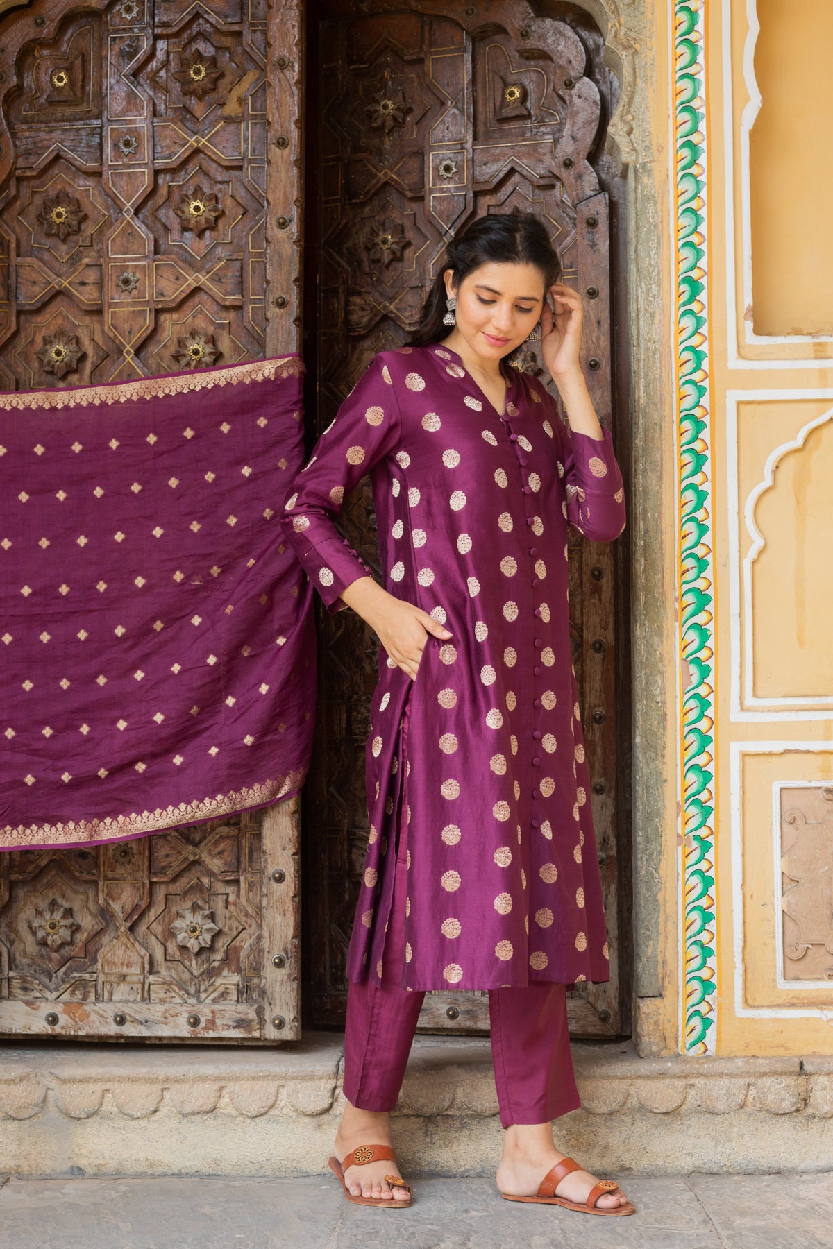 Leela Wine Jacquard Silk Kurta, Pants and Dupatta - Set