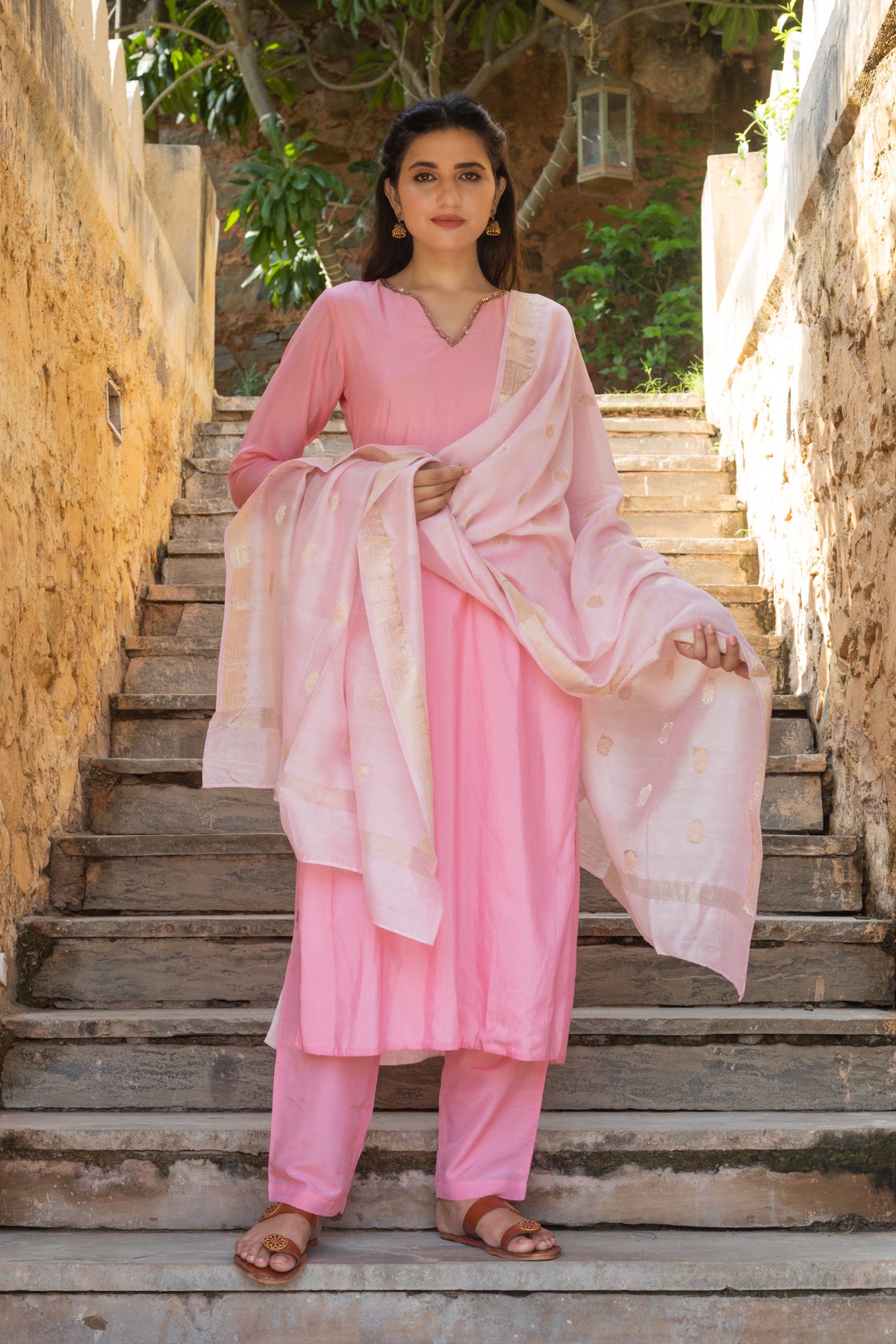 Aadhira Pink Cotton Silk Embroidered Kurta, Pants and Dupatta - Set