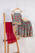 KiKi Teal Block Print Lehenga Set - Girls